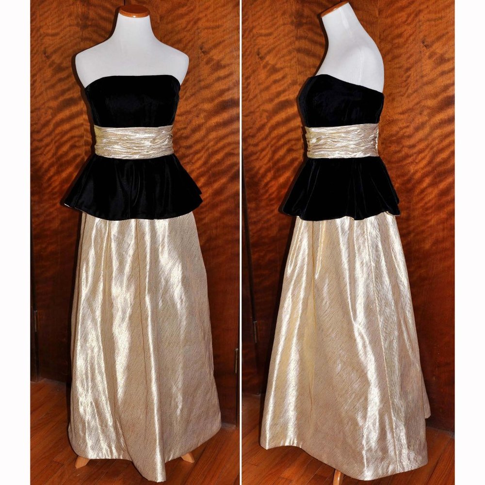 Vintage Black Velvet & Gold Lamaze Strapless Formal Evening Gown